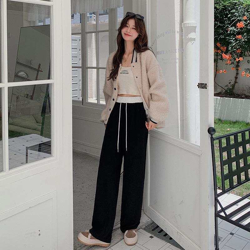 

Glutinous rice towel pants women s new autumn and winter high-waisted casual drawstring drape straight wide-leg pants mopping long pants XL чёрный