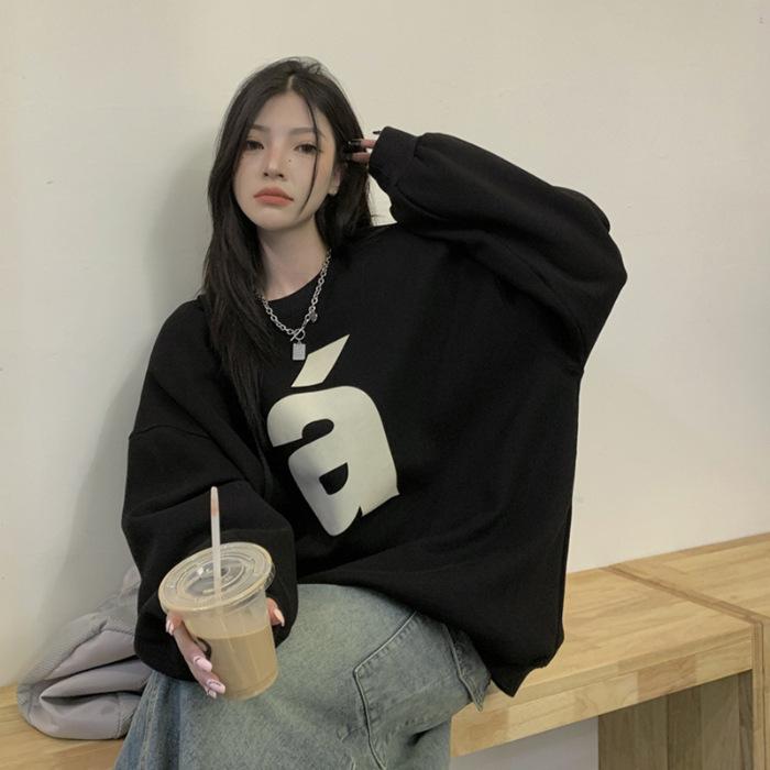

American street style letter printing pullover crew neck sweater women s retro simple loose velvet 3XL чорний