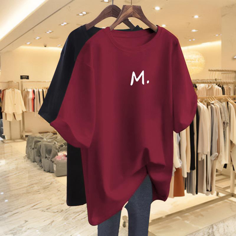 

2025 new cotton top medium and long loose large size casual mother age reduction versatile summer short-sleeved t-shirt women s t S