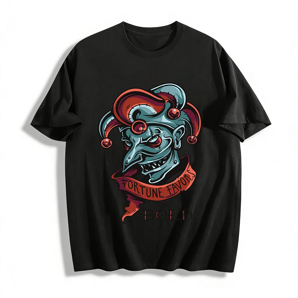 Dark Spooky Jester Print Top Fortune Favors The Bold Trendy T-Shirt Pure cotton T-shirt XXS
