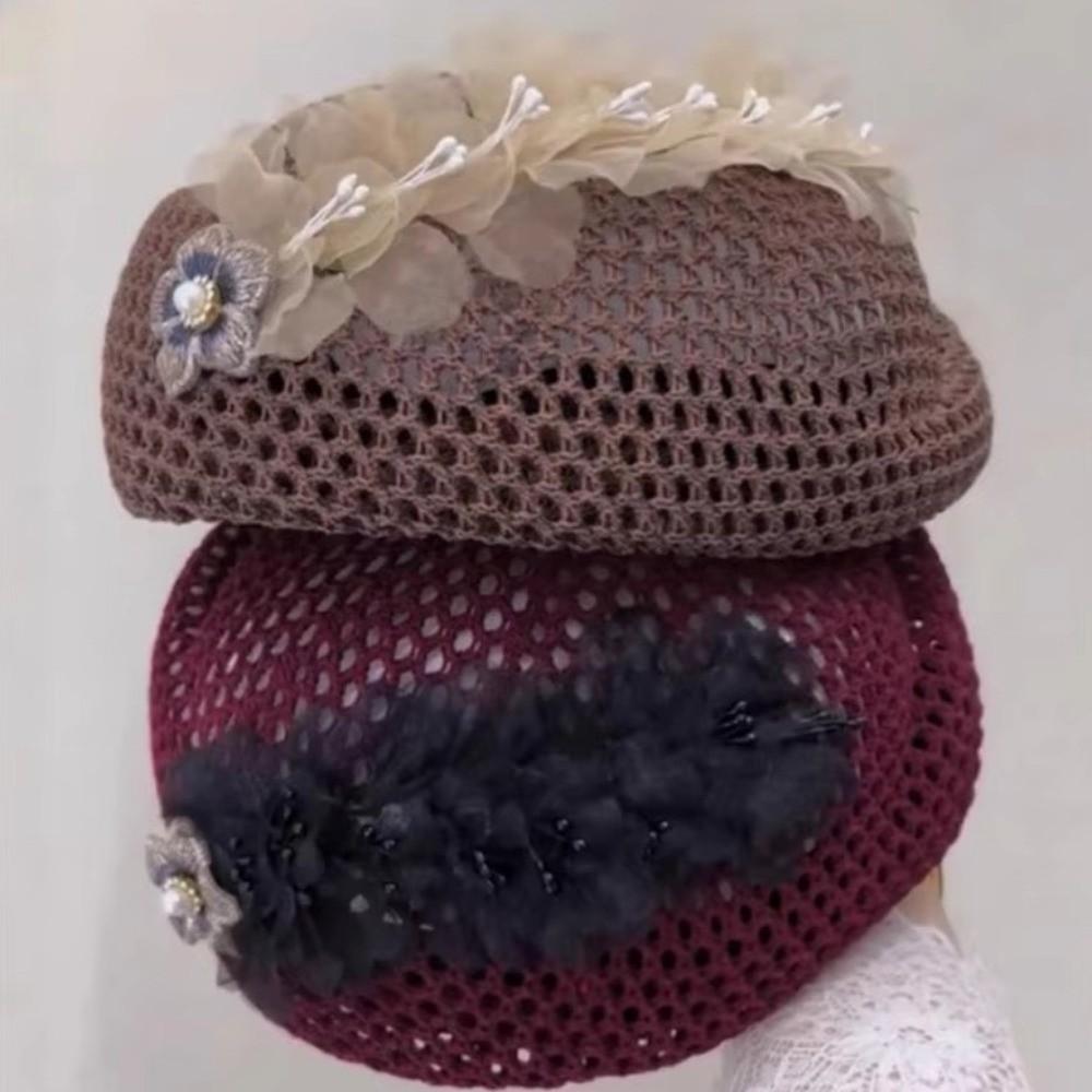 Korean Floral Painter hat French Women Knit Fabric Cap Versatile Hollow Out Beret Spring