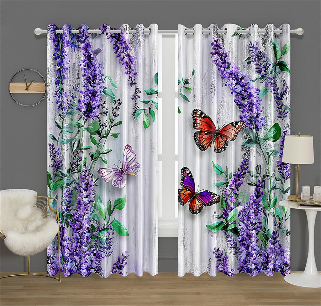 Fleur de Glycine Papillon Décor de Cuisine Rideau Fond Style Mur Feuille Verte Convient Décor Salon Chambre 2 Panneaux