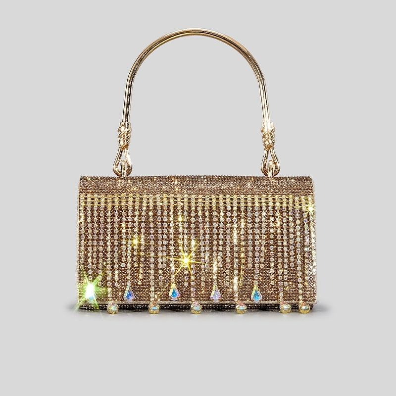 Borsa a Mano con Frange e Strass per Donna, Design di Nicchia, Borsa da Sera con Diamanti a Caldo, Borsa a Spalla/Crossbody con Manico Metallico a Cappuccio, Diamanti Scintillanti