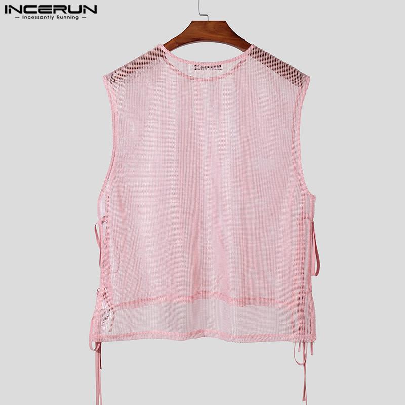 INCERUN Summer Men Sleeveless Mesh Sheer Hollow Out Side Lace-up Party High Low Tank Tops