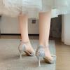 Fashion New Thin Heels Bling Glitter Pumps Women Fahsion Pearl Buckle High Heels Shoes Woman Pointed Toe Ankle Strap Wedding Party Shoes