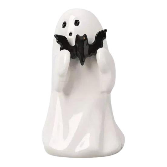 Halloween Ghost Figurine Cute Small Ghost Holding Bat/Pink Pumpkin Statue Resin Tabletop Ornament for Bookshelf Bedroom Home Decor