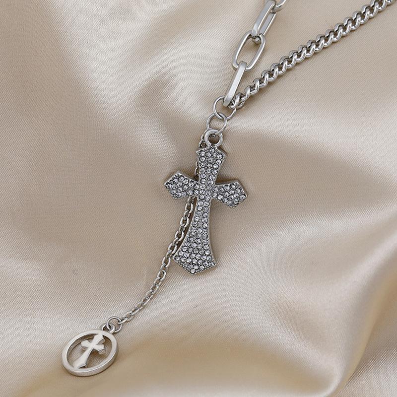 

Unique Korean Fashion Long Cross Necklace For Women With Dazzling Accent Gemstone Silver Cross