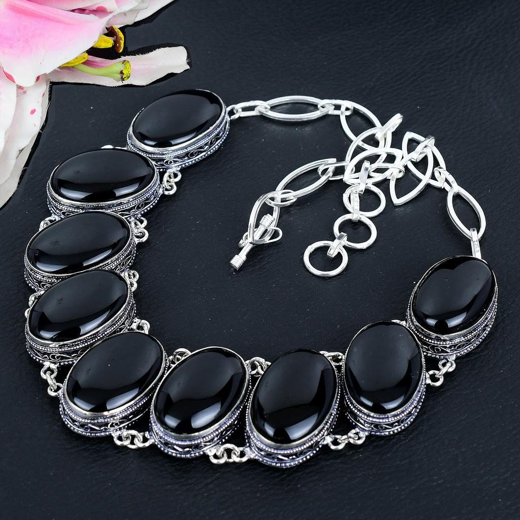Black Onyx Gemstone Handmade 925 Sterling Silver Jewelry Necklace 18" KG-1647