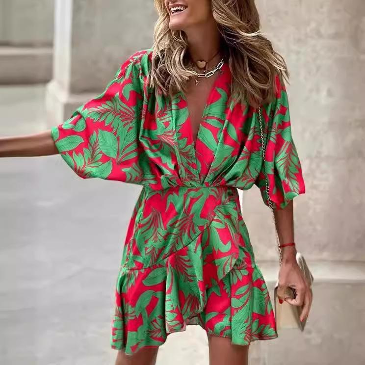 QICED Women's Autumn Bat Sleeve V-Neck Hem Irregular Dresses
