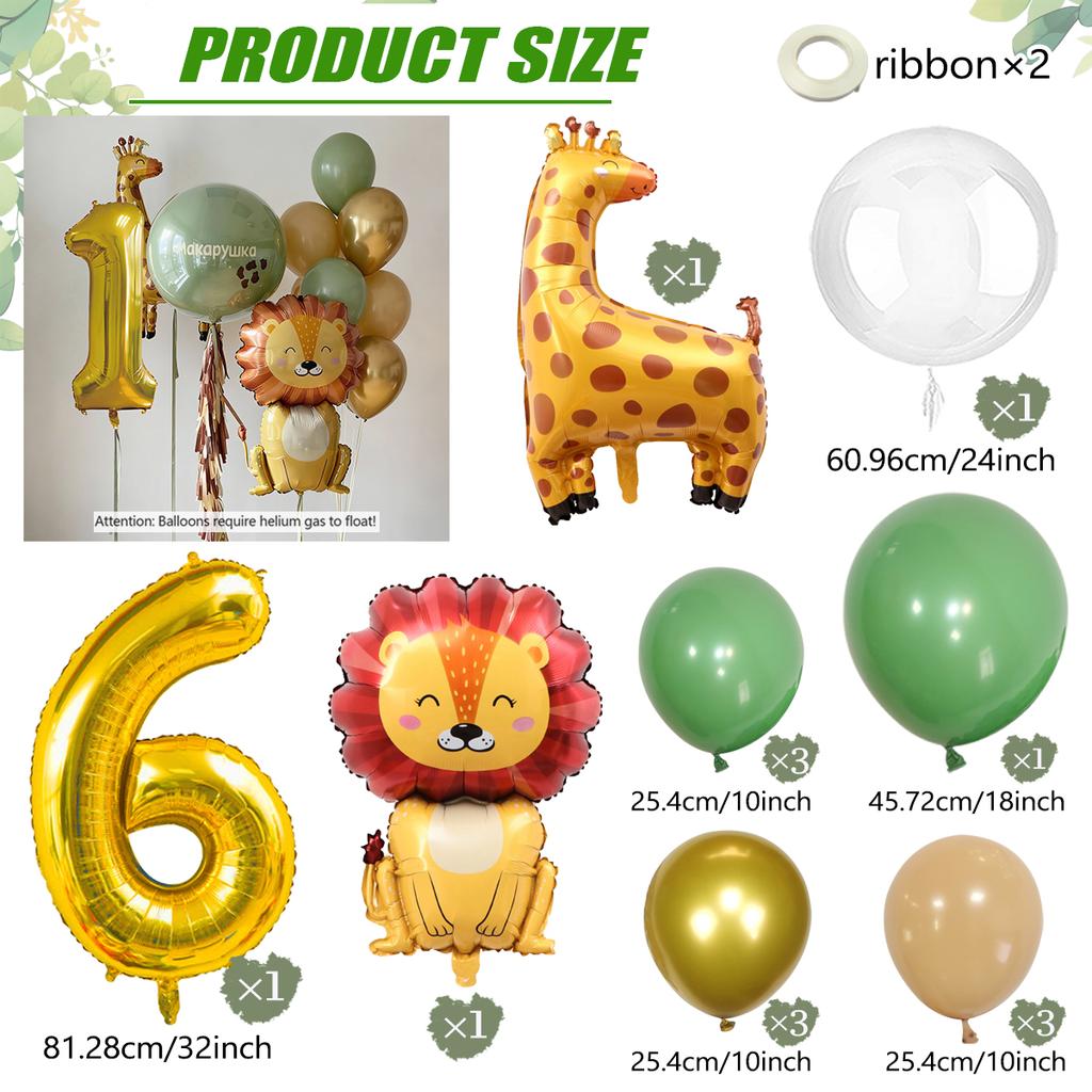 Set de ballons Lion Girafe Dessin Animé, Ballon Thème Animaux de la Jungle, Ballon Chiffre Doré 0-9, Décoration Fête d'Anniversaire Shower