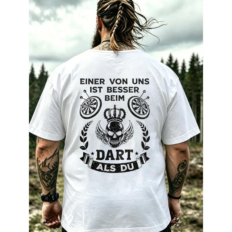 Men'S T-Shirt Black Skull And Dart Design With German Text For Casual Wear, Plus Size