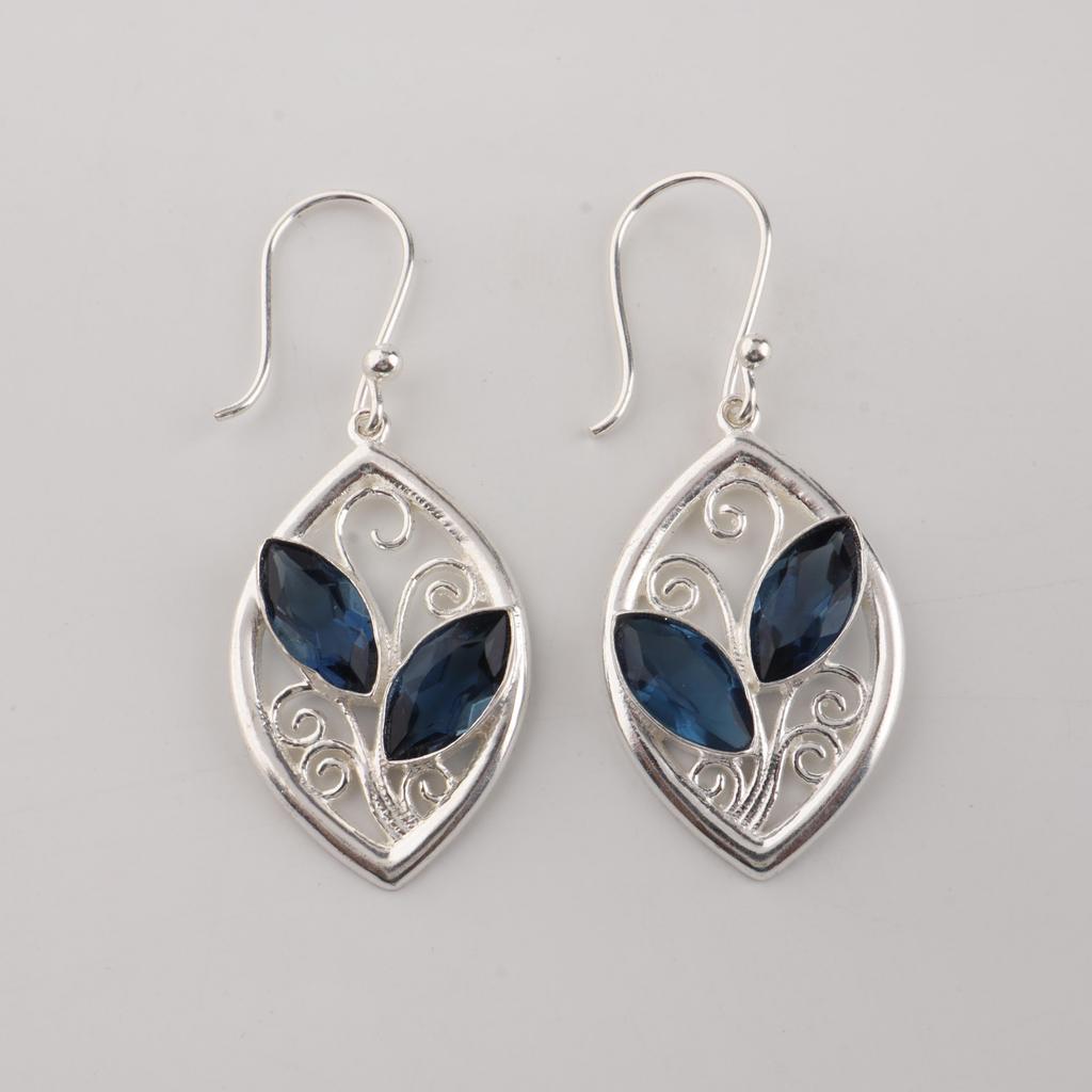 London Blue Topaz Gemstone Sterling Silver Handmade Earring 1.2", Elegant Silver Earring For Mother/Wife, Topaz Gemstone Earring CE-24-6