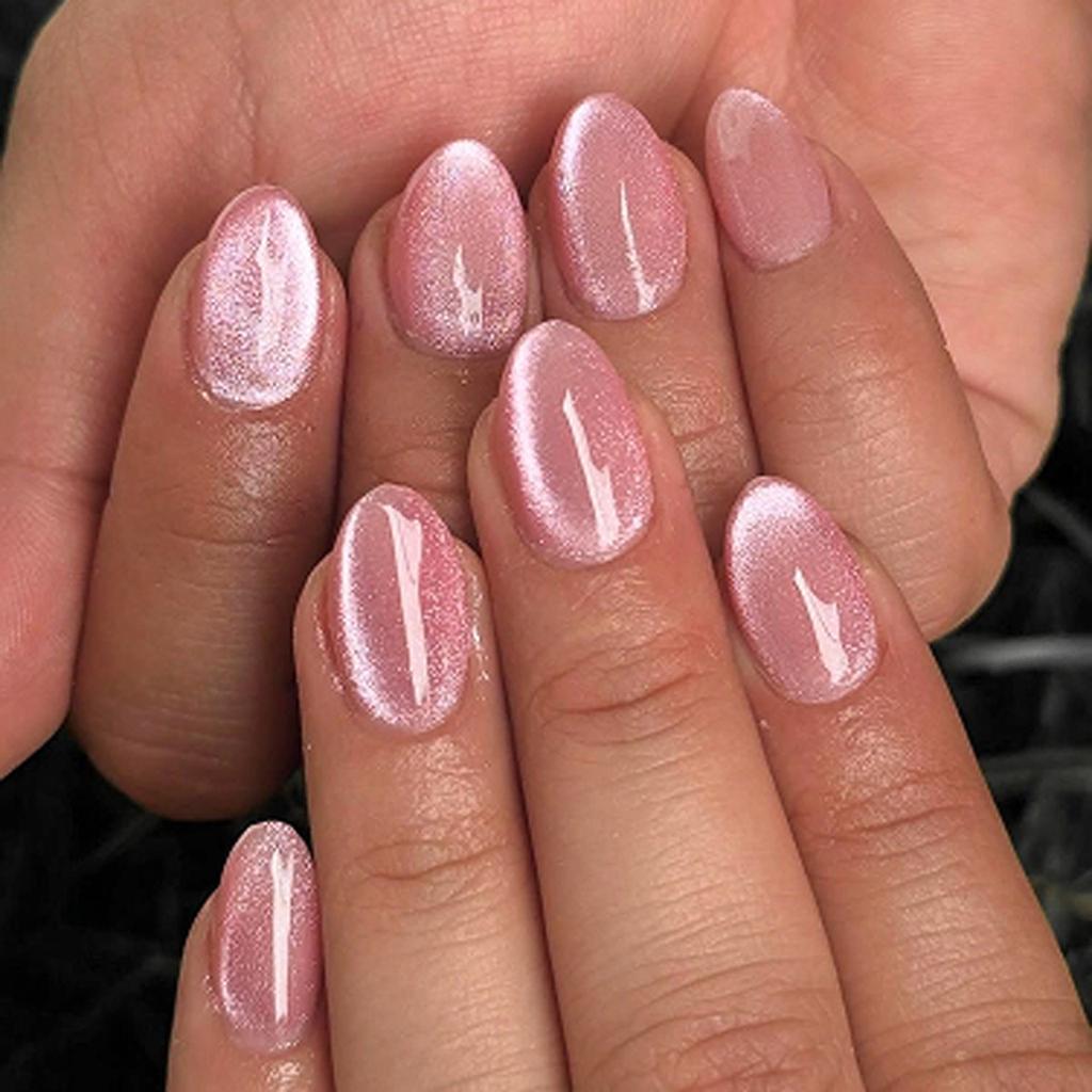 24Pcs Blue Cat Eye Almond Press On Nails Short Golden Edge French Floral Fake Nails