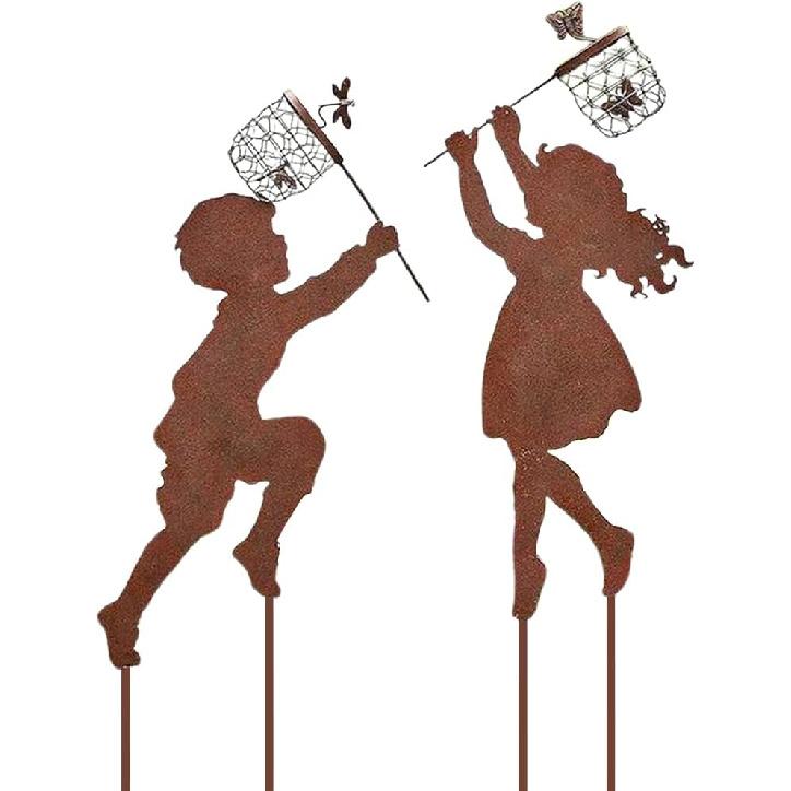 Vintage Metal Garden Silhouette Sculpture - 1 Pair Boy Girl Catching Butterfly Decorative Stakes, Outdoor Decor, Yard Art Stakes for Spring