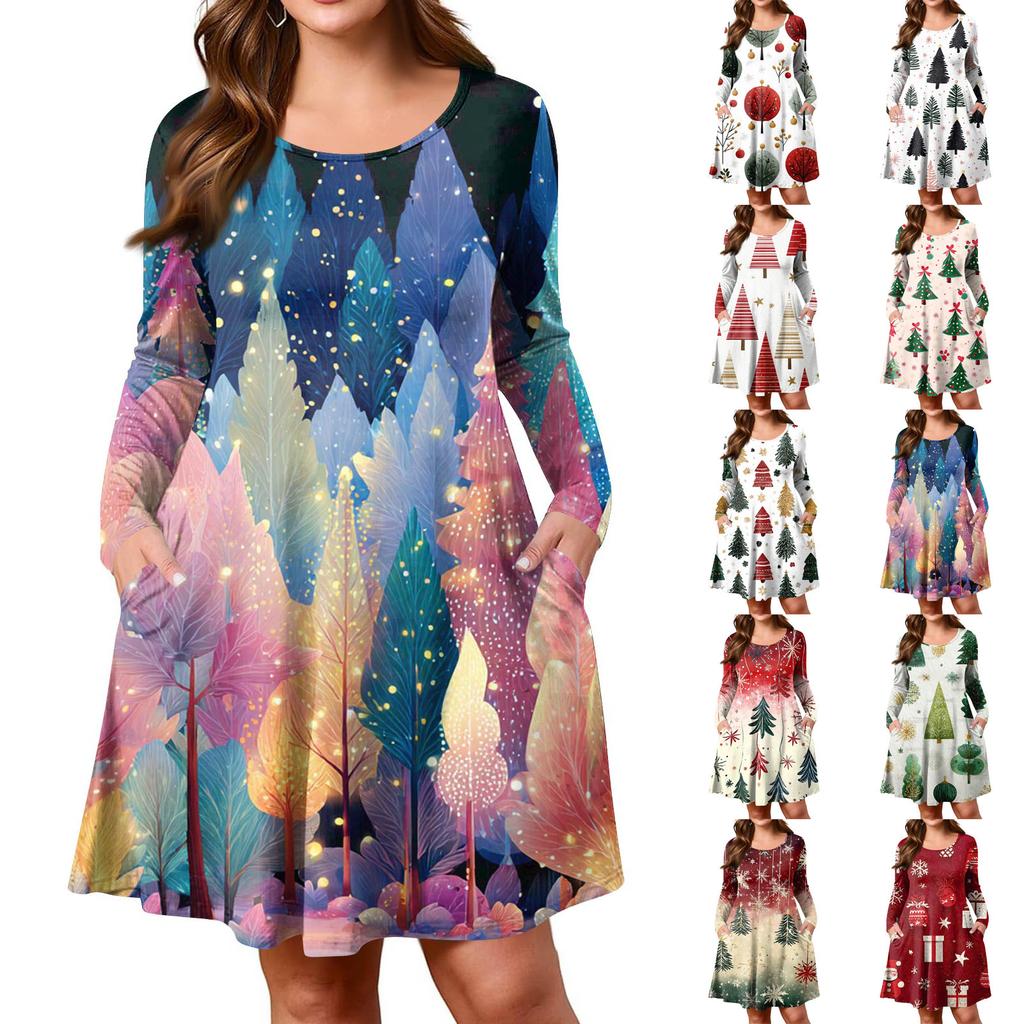 Plus Size Women's Gradient Print Casual Spring/Autumn Pocket Round Neck Long Sleeve Dress
