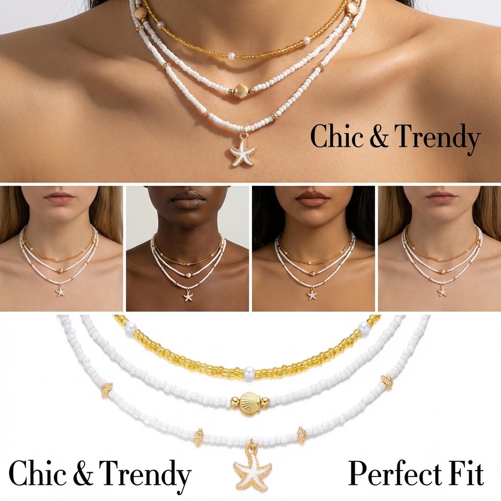Boho Multilayer Starfish Shell Rice Beads Necklace for Women Vintage Imitation Pearl Bead Stacked Choker Beach Party Jewelry