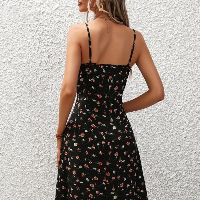 Rochie elegantă cu imprimeu și crăpătură laterală, decolteu pătrat, la modă, casual, pentru plajă, petrecere de nuntă, rochie midi pentru femei și fete