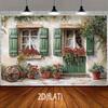 2D French Village Cottage Tapestry, Window with Flowers and Old Wagon Wheel Background Cloth