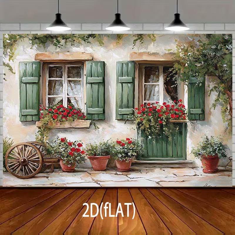 2D French Village Cottage Tapestry, Window with Flowers and Old Wagon Wheel Background Cloth