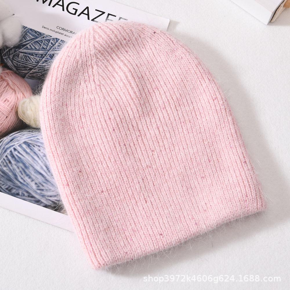 Autumn and winter solid color small sequins soft men's and women's warm wool hats Angola long rabbit hair knitted hat rabbit down cold hat