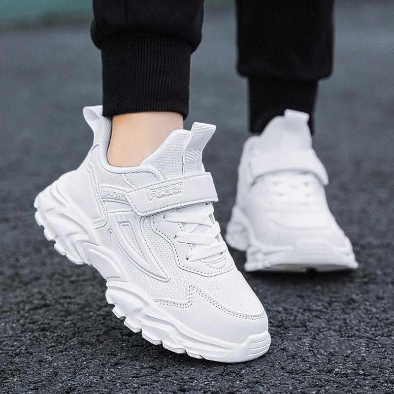 Pure White Student Sneakers - Unisex Double/Single Mesh Leather, Trendy Kids' Athletic Shoes