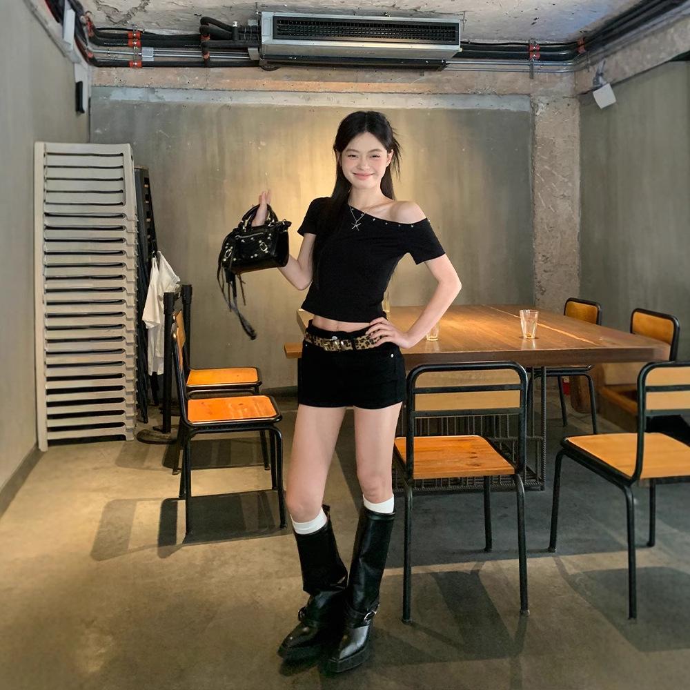 Women's Black Asymmetric Off-Shoulder T-Shirt with Rhinestones, Summer 2025 Collection - Chic and Unique Style