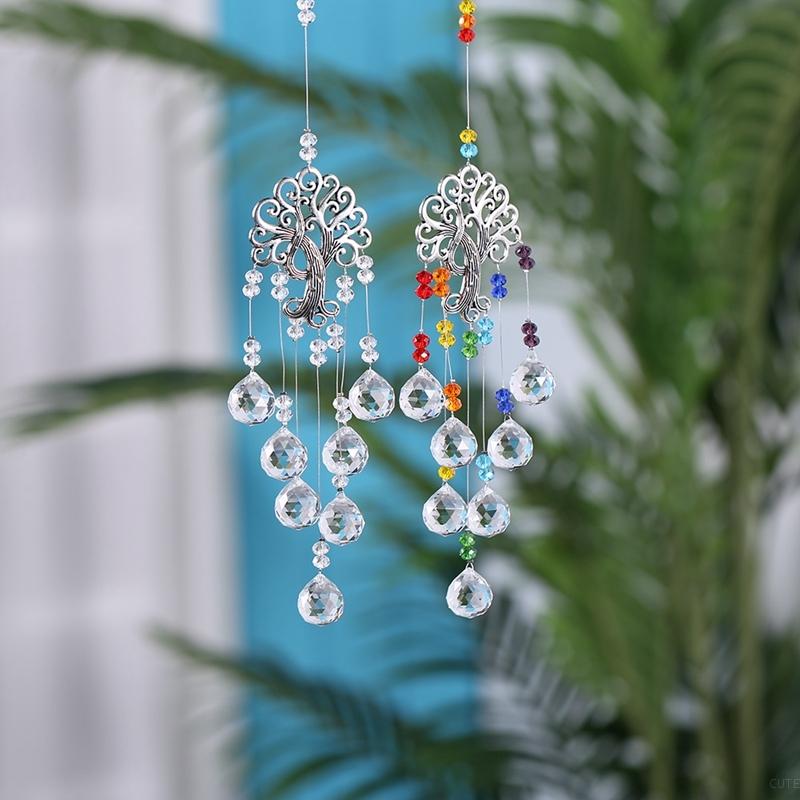 MultiColored Vibrant Crystal Sun Catchers Prisms Window Wind Chime Chain Hanging Pendant Decoration Tree Shape Home Garden Decor
