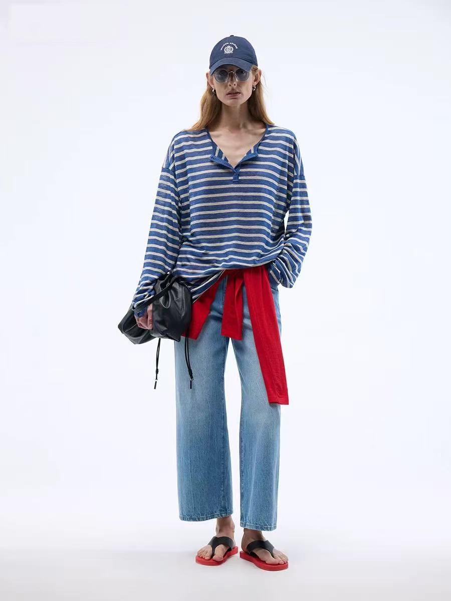 Women s European Striped Linen Henley Long-Sleeve T-Shirt Medium