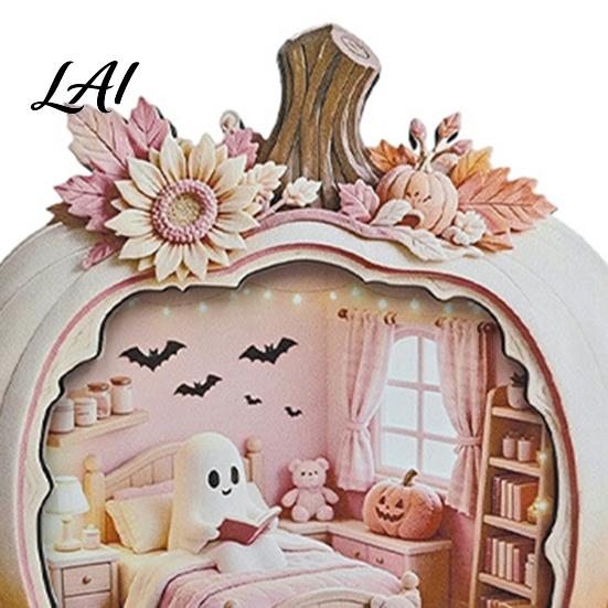 Indoor Fall Tabletop Centerpiece Halloween Ghost Pumpkin Wooden Plaque 2D Flat Sign Gift for Lovers Spooky Bathing Reading Ornament Home Office