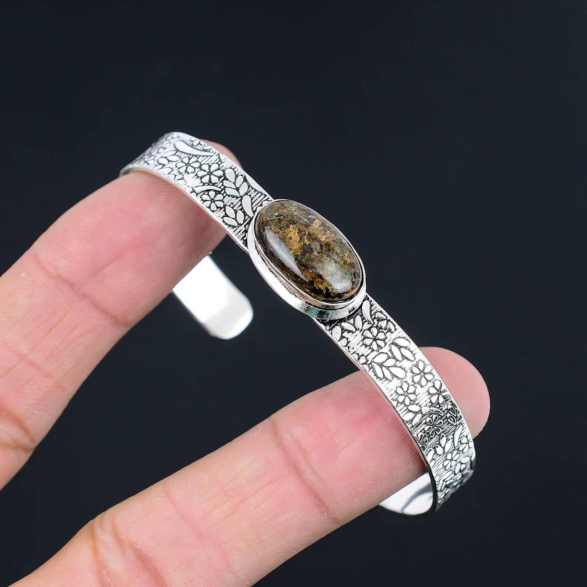 

925 Sterling Silver Oval Bronzite Gemstone Handcrafted Handmade Bangle Bracelet Adjustable