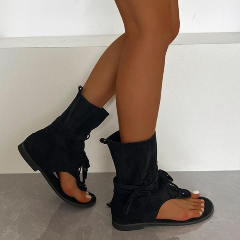 

Fashion New Flat Roman Sandals Summer New Round Toe Clip Toe Versatile Open Toe Suede Lace-Up Non-Slip Flip-On Slippers 40