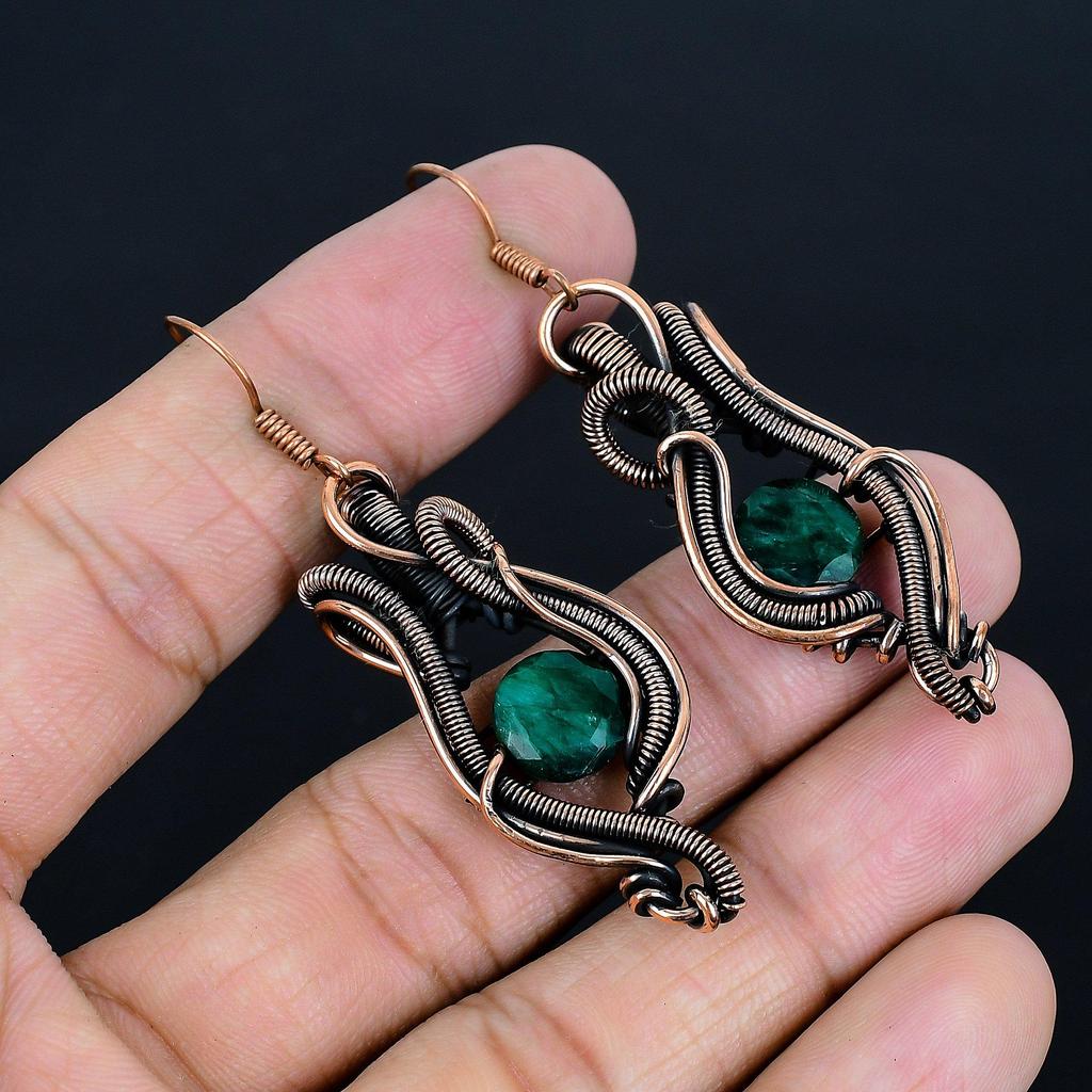 Emerald 999 Copper Wire Wrapped Earrings, Handmade Gemstone Earrings Jewelry, Gifts For Wife Brand New Earrings