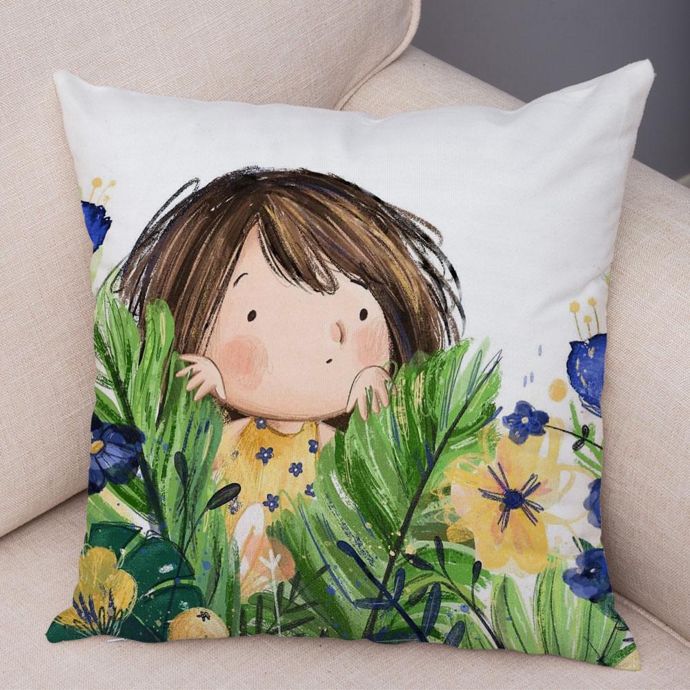 Super Soft Plush Pillow Case for Sofa Home Watercolor Cartoon Girl Cushion Cover Decor Fairy Tale World Lovely Child Pillowcase