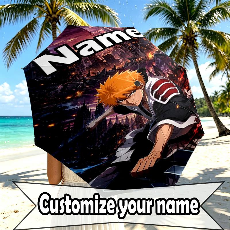 Custom Name Personalized BLEACH Print Umbrella, Auto Open Close, 8‑Rib Sturdy Frame, Commute Camping Hiking Use, Birthday Gift