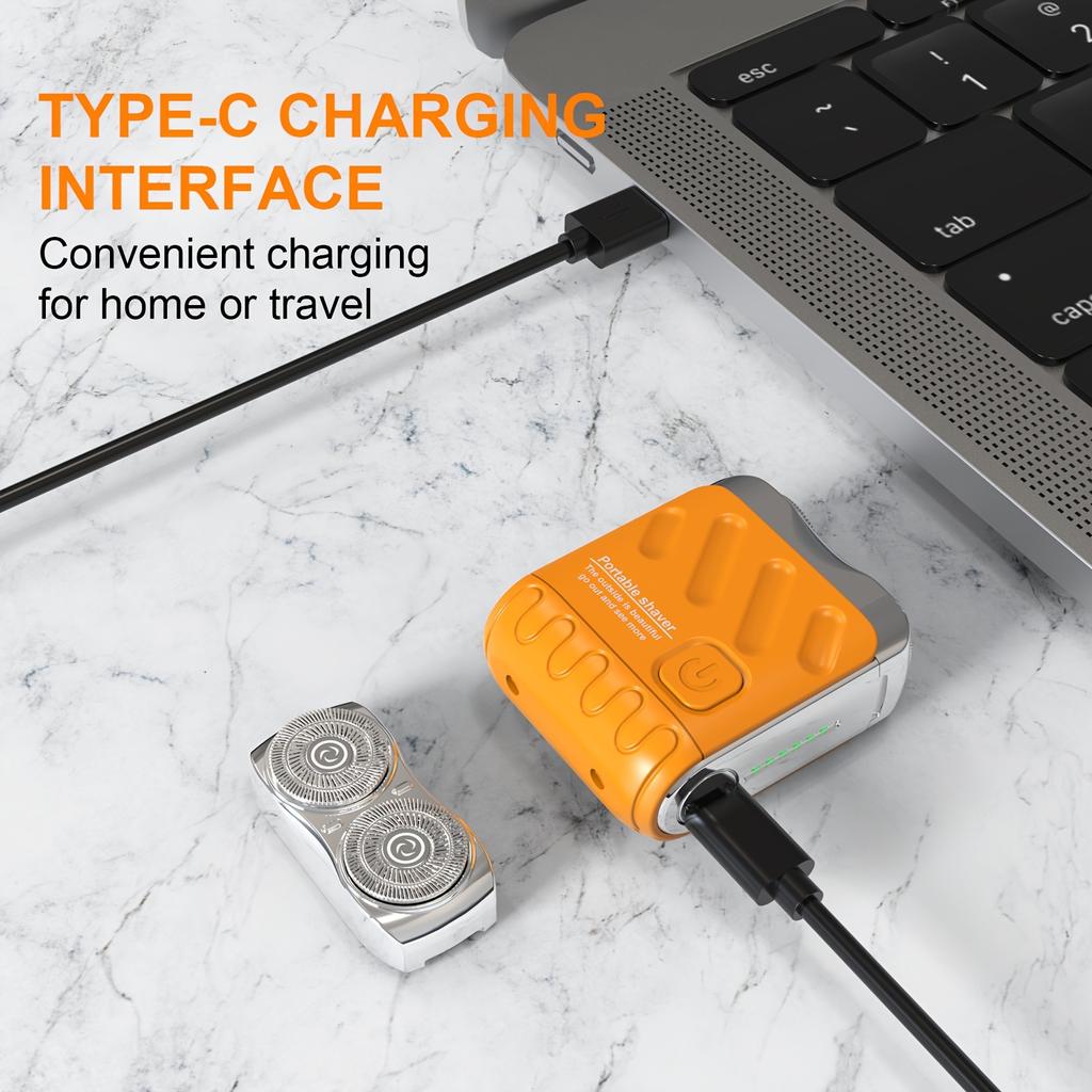 Men'S Electric Shaver with Dual Blades - Fast-Charging USB-C, Long-Lasting Lithium Battery, Compact & Portable Design - Orange/ Metallic Accents