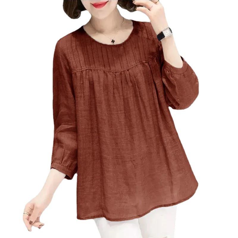 Summer Women's Clothing Solid Cotton Linen Round Neck Short Sleeve Female Clothing Large Loose Slim Breathable Casual Tops