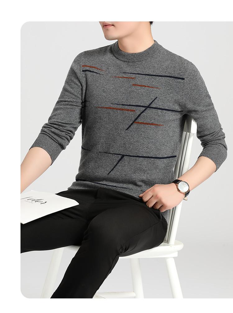 Autumn and Winter Double-layer Round Neck Irregular Contrasting Jacquard Cotton Wool 100% Men's Wool Sweater