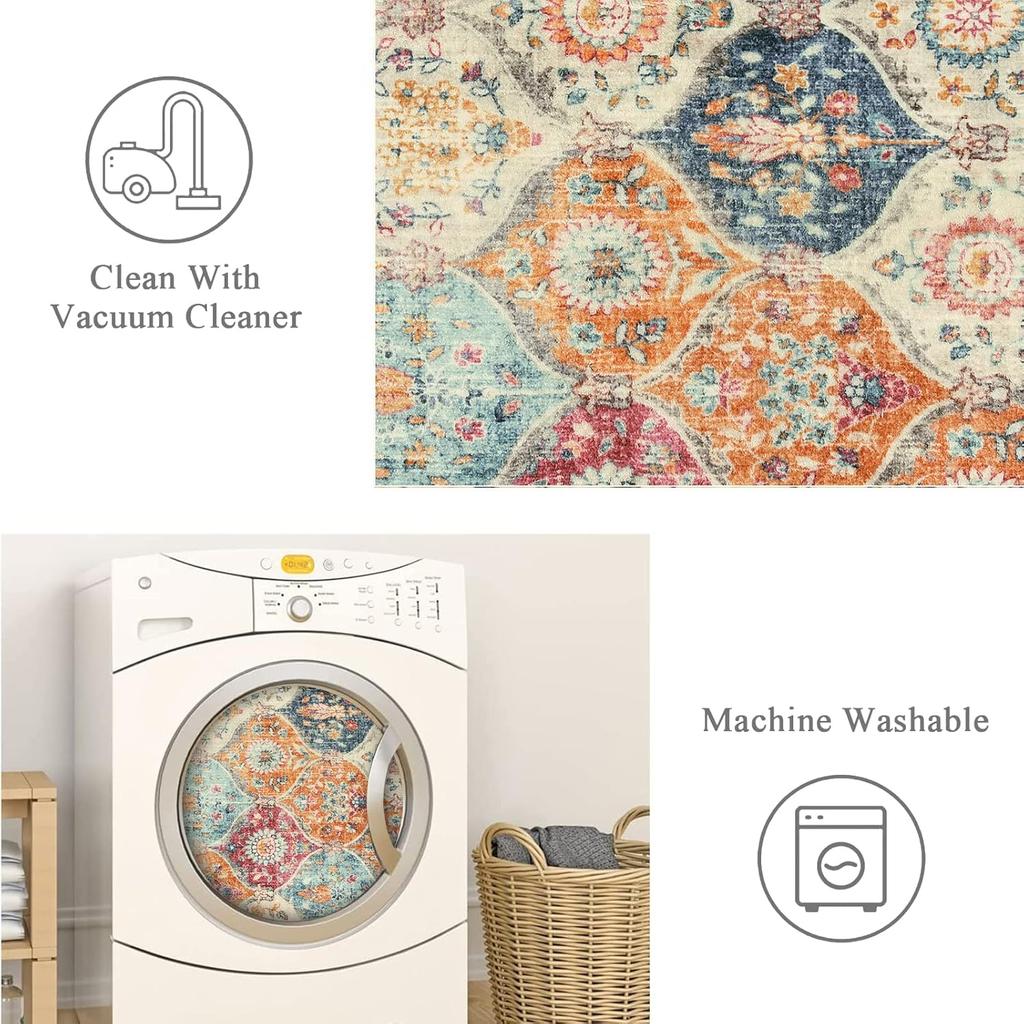 Lahome Moroccan Machine Washable Rugs for Living Room, Rug for Bedroom Non-Slip Vintage Trellis Ultra-Thin Throw Carpet for