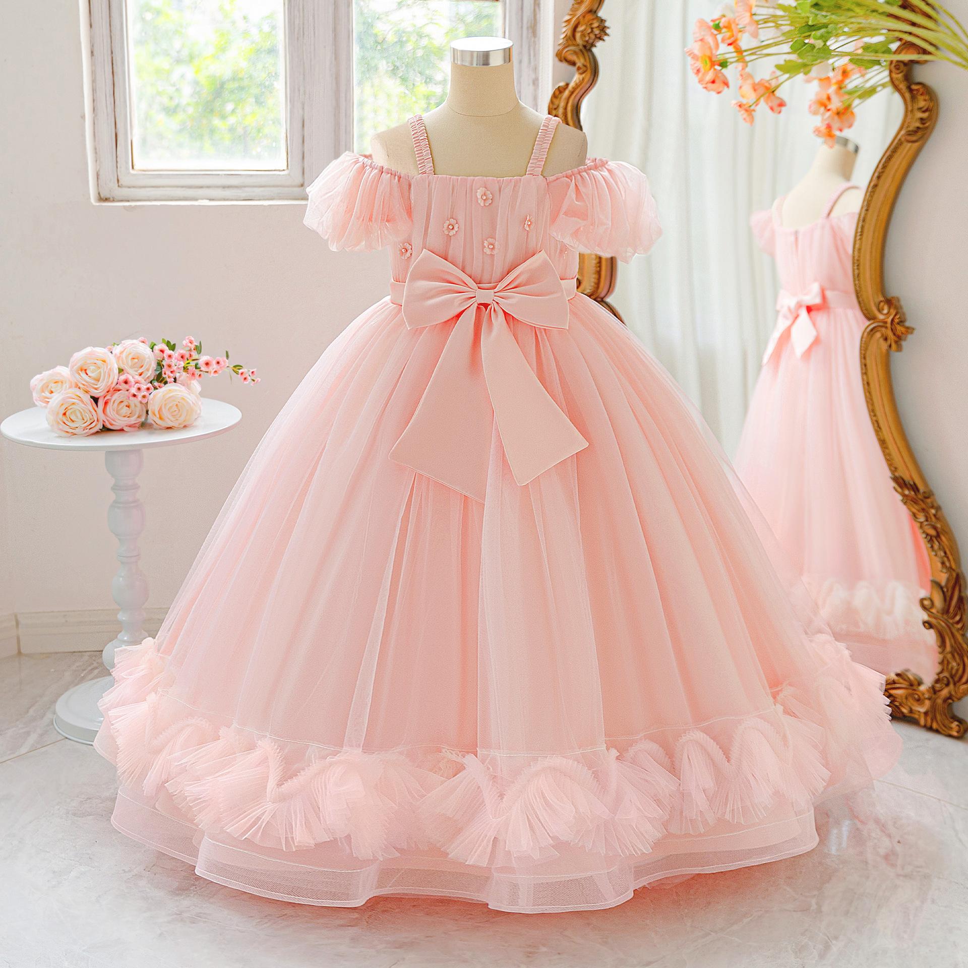 

Платье принцессы для девочки на свадьбу, летнее, детское, формальное, с бантом, длинное, для школьного вечера, детская новогодняя одежда ALP628 150 розовый