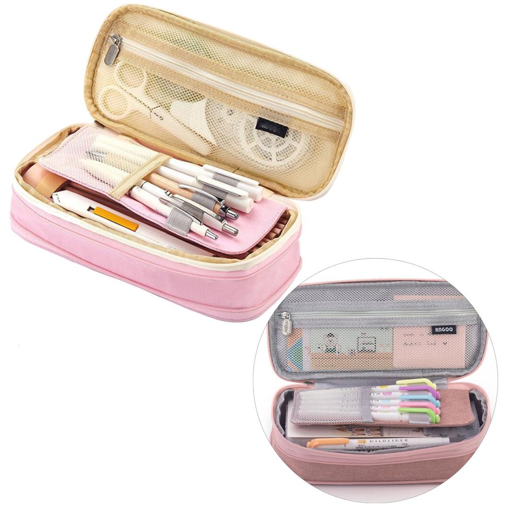 Pencil Bag 2 Tier Large Capacity Metal Zipper Mesh Pocket Portable Large Pencil Case for Students School Office Pink