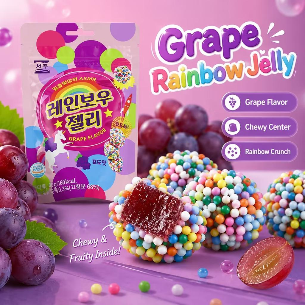 Gominolas SEOJU Sabor Uva Arcoíris 46g | Recubrimiento Crujiente de Virutas Arcoíris, Núcleo de Gominola de Uva Elástico, Textura Única en Capas