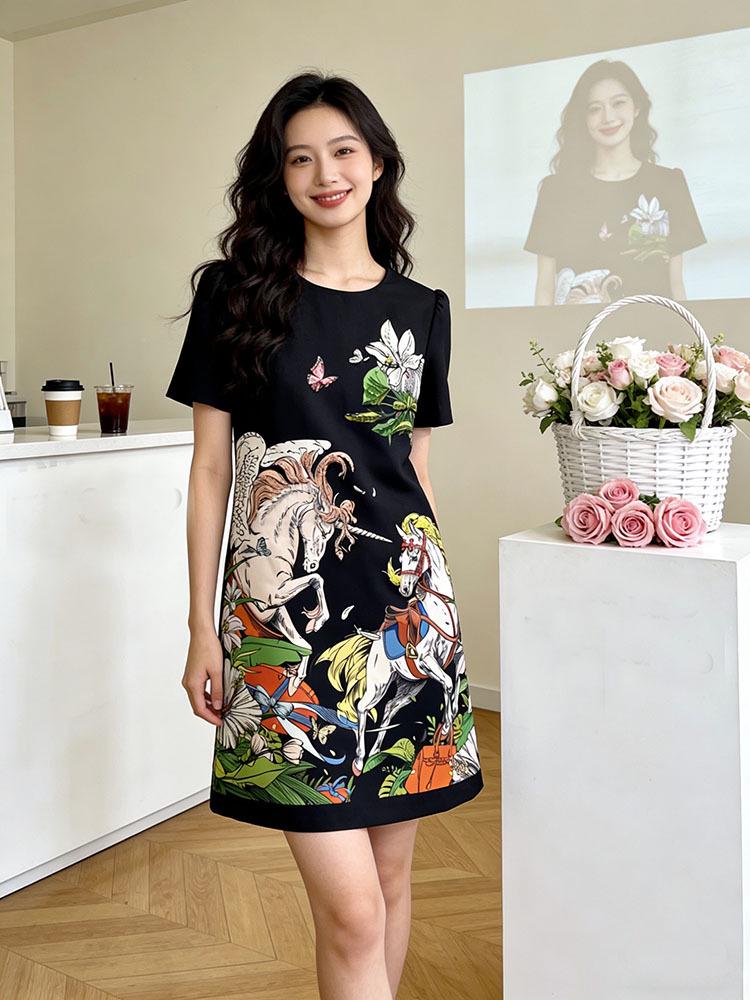 Handmade Beaded A-line Printed Dress for Spring/Summer Travel Extra Large