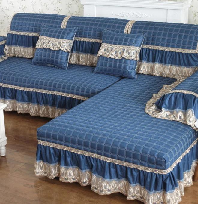 Velvet Sofa Cover Embroidery White Jacquard Lattice Towel Couch Anti-slip Armrest Backrest Sofa Coushion Living Room Seat Cover