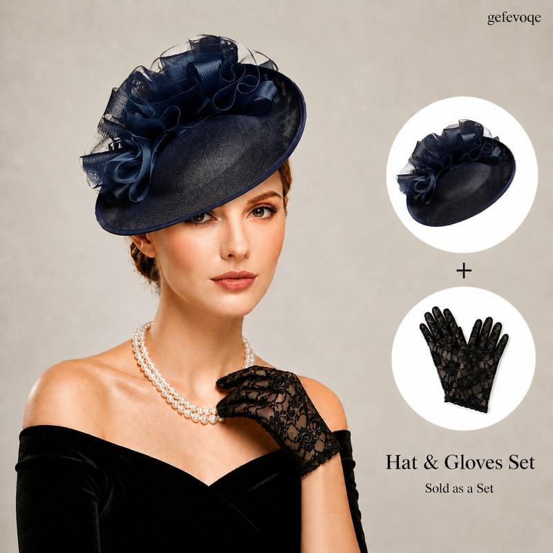 

2PCS Womens Fascinator Hat with Lace Gloves Set Elegant Feather Veil Headpiece for Tea Party Derby Wedding Cocktail Party Vintage Hair Accessory One Size темно-синий