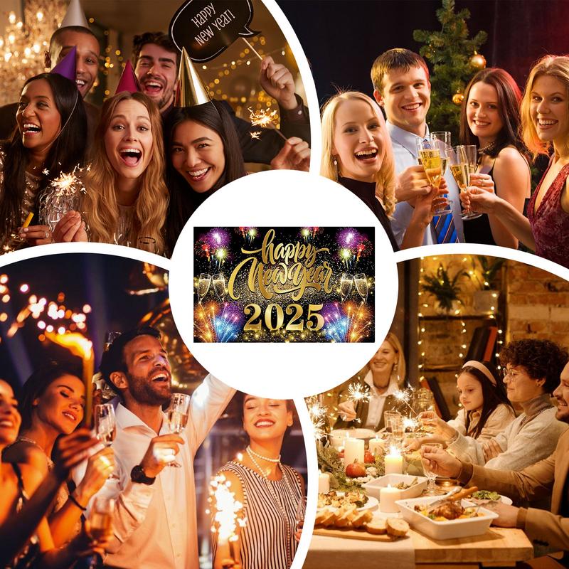 2025 Happy New Year Banner New Year Black Gold Party Decoration Background 71 X 43in Photo Backdrop Non-Fade New Year Banners