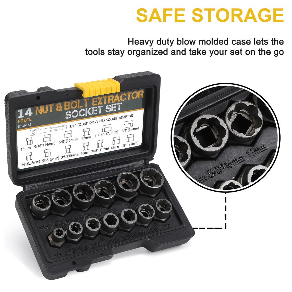 14Pcs Nut & Bolt Grip Extractor Socket Set 1/4''-3/8'' Hex Adapter Extraction Socket Set Bolt & Nut Remover Removing Bolts Nuts