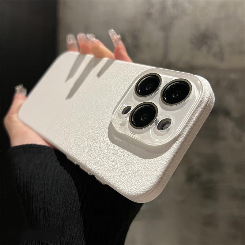 Crystal Glass Lens Protection Lychee Textured Leather Case for iPhone 15 Pro Max 14 13 12 Shockproof Protection Hard PC Cover