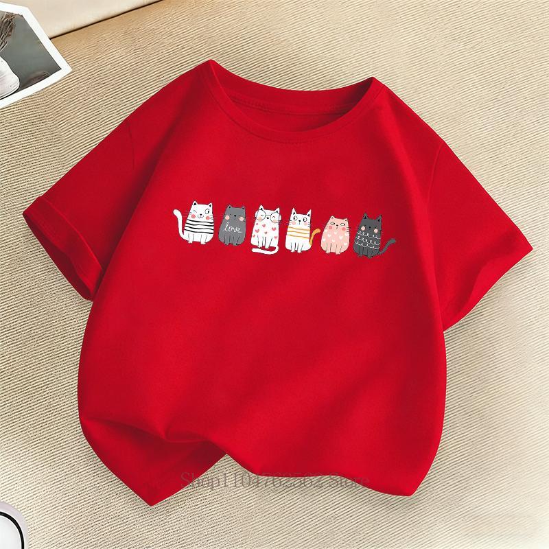 Cute Cat Print Children T-shirts Summer Girls Boys Casual Fashion Kawaii Short Sleeve Tops O-Neck Colorful Kids T-shirts