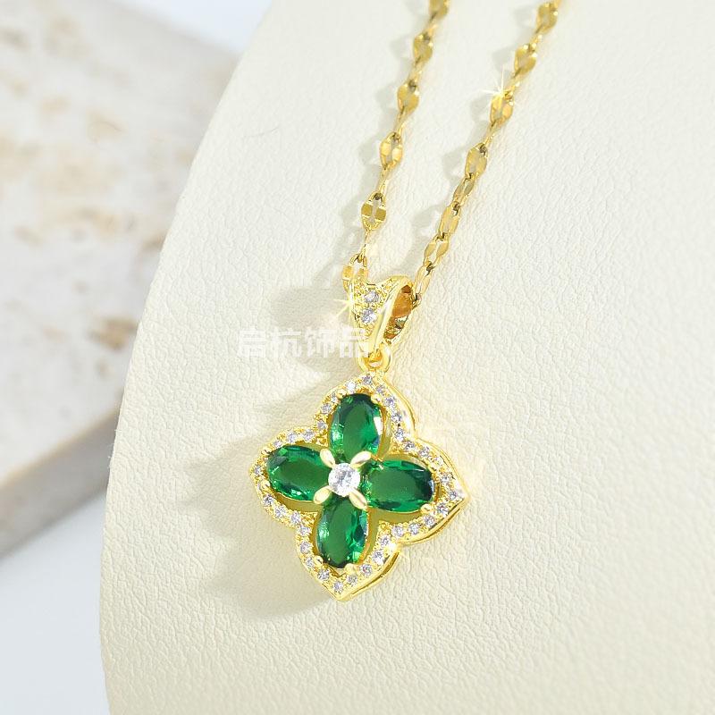 Emerald Four-Petaled Flower Necklace Light Luxury Retro Versatile Ethnic Style Lady Inlaid Zircon Crystal Collarbone Chain