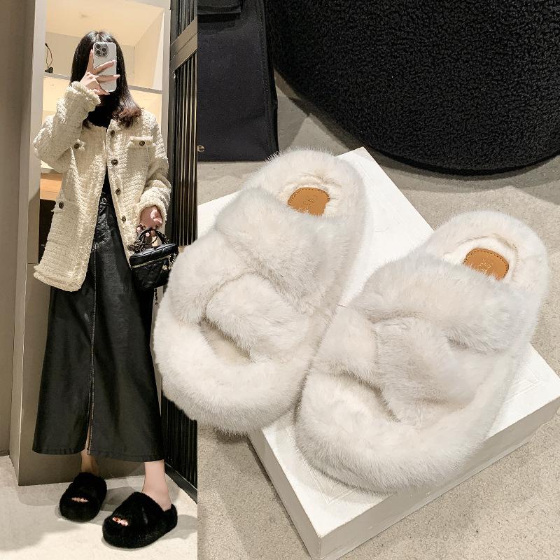 Internet celebrity open-toed fluffy slippers women's autumn and winter new thick-soled non-slip one-word cross-strap cotton slippers